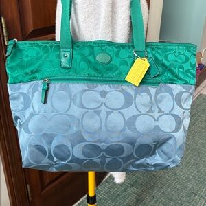 Coach  Signature monogram Tote HD nylon  teal light blue  large shoulder bag EUC